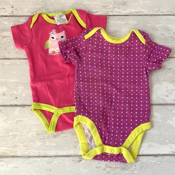 Baby Girl 0-3m Onesies Set of 2 Newborn 3m Purple Polka Dots Pink Owl Bodysuits - Picture 1 of 4
